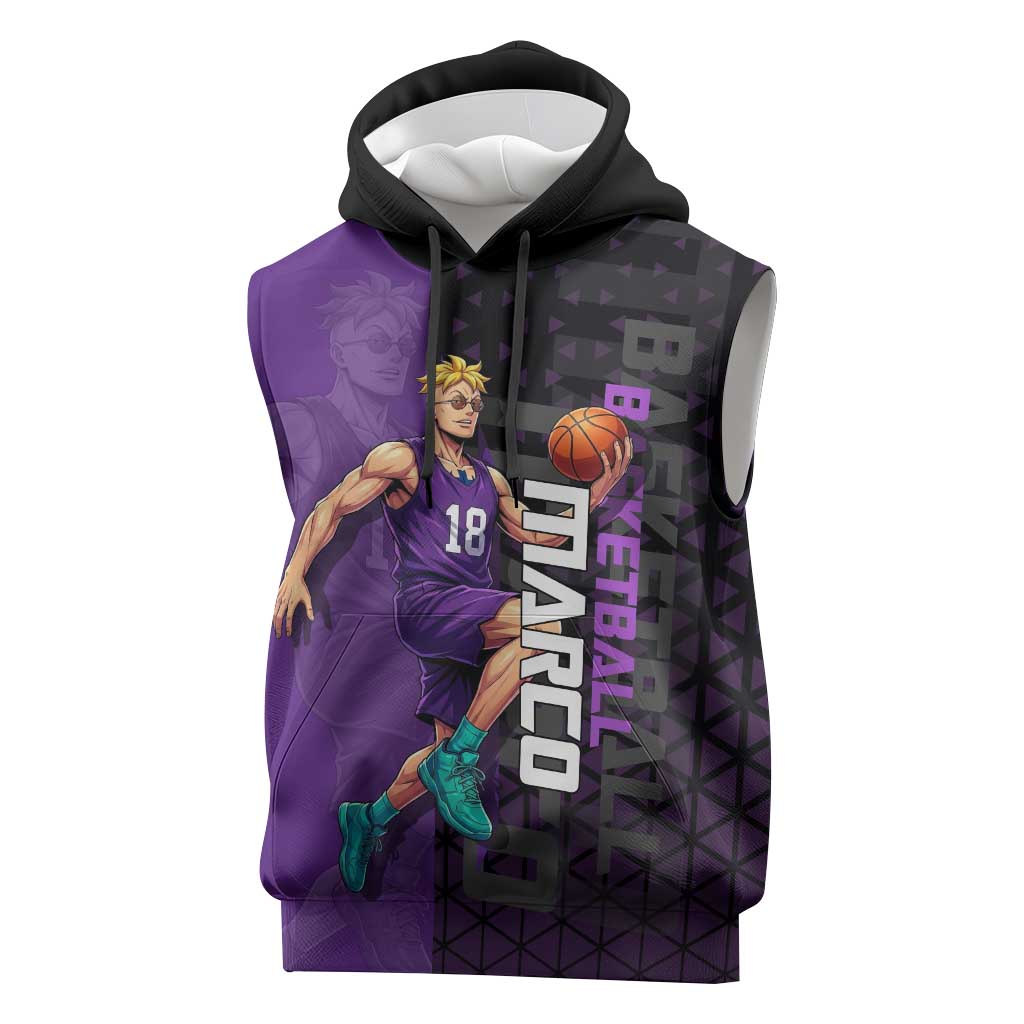 Marco One Piece Basketball Theme Purple and Black Design Sleeveless Hoodie with Phoenix Emblem and Action Pose - The Mazicc