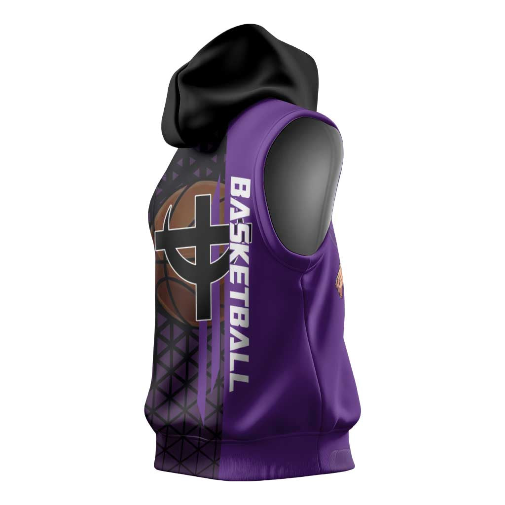Marco One Piece Basketball Theme Purple and Black Design Sleeveless Hoodie with Phoenix Emblem and Action Pose - The Mazicc