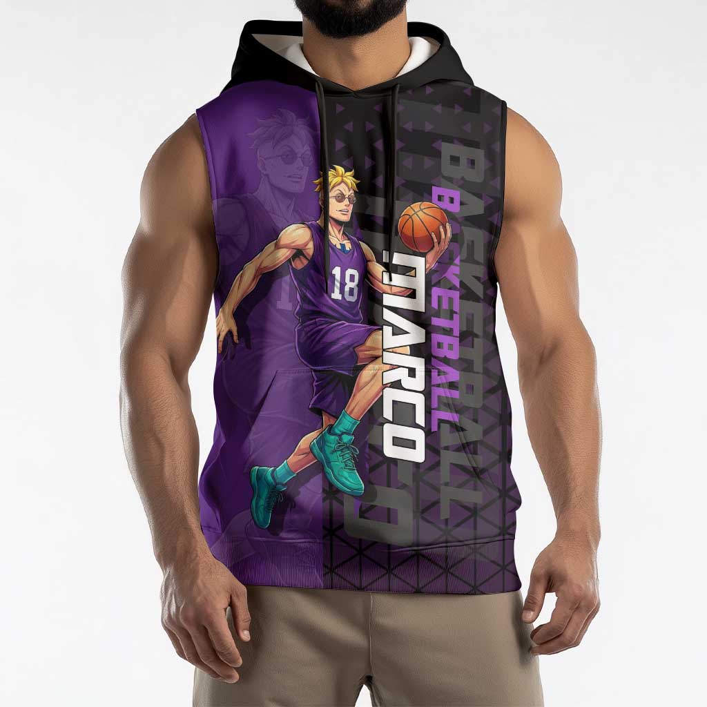 Marco One Piece Basketball Theme Purple and Black Design Sleeveless Hoodie with Phoenix Emblem and Action Pose - The Mazicc