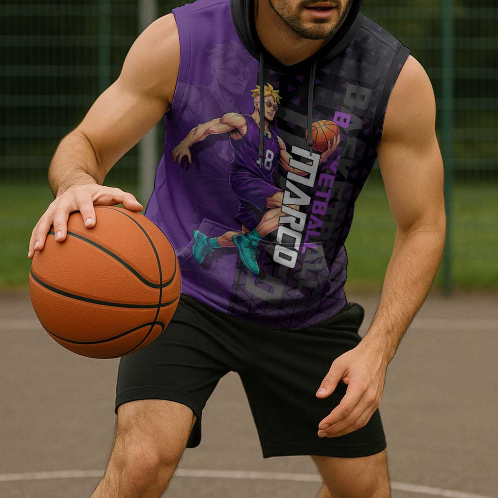 Marco One Piece Basketball Theme Purple and Black Design Sleeveless Hoodie with Phoenix Emblem and Action Pose - The Mazicc