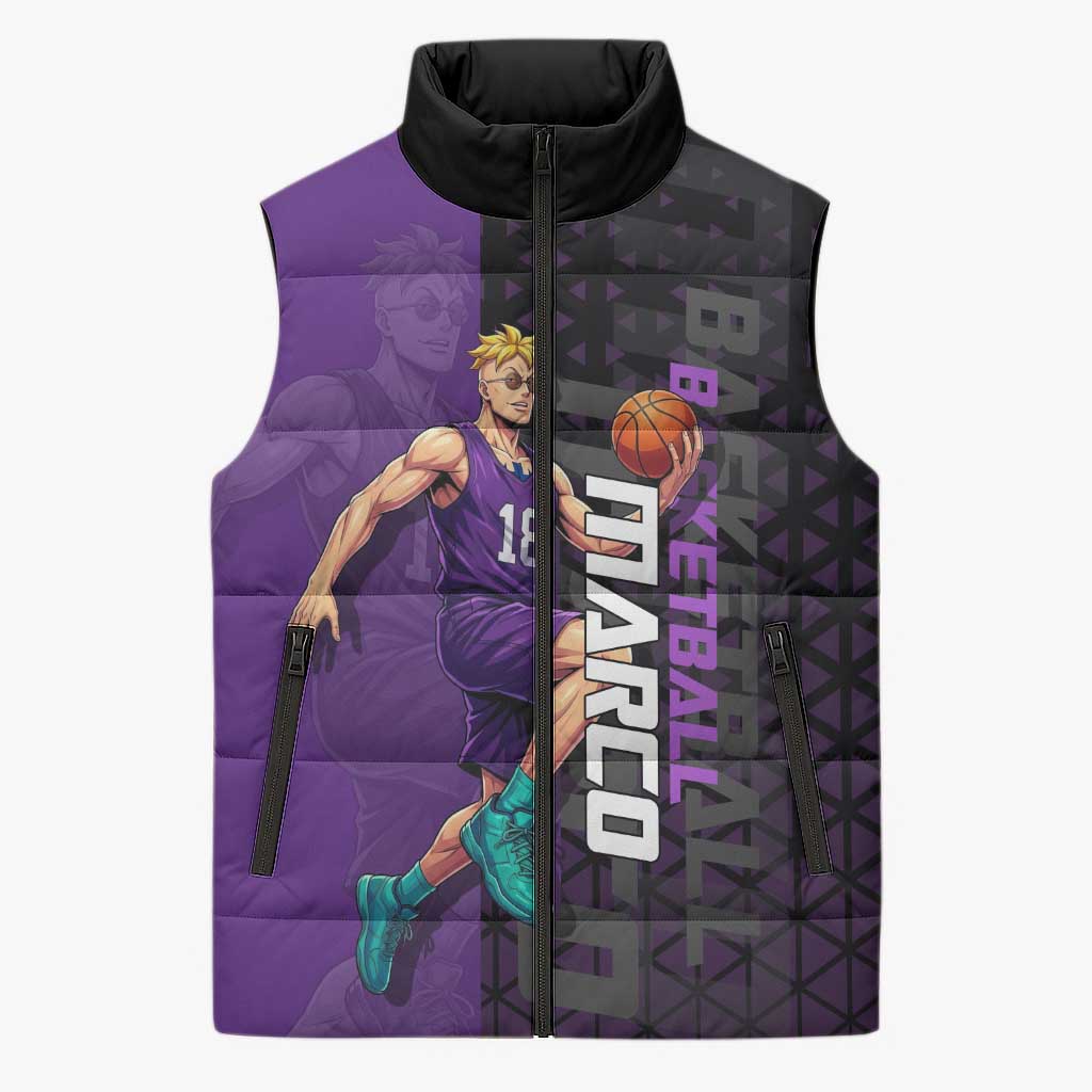 Marco One Piece Basketball Theme Purple and Black Design Sleeveless Puffer Jacket with Phoenix Emblem and Action Pose - The Mazicc