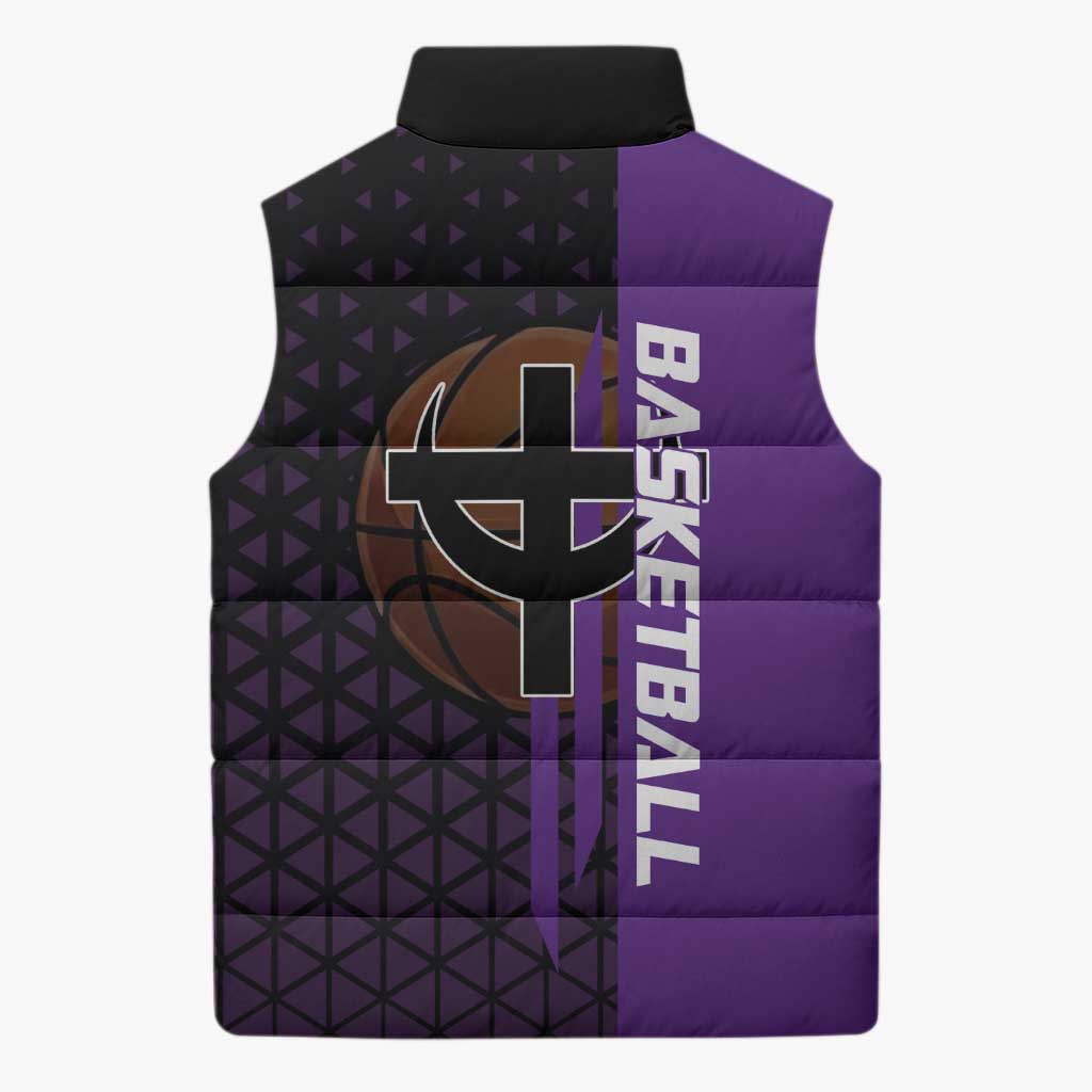 Marco One Piece Basketball Theme Purple and Black Design Sleeveless Puffer Jacket with Phoenix Emblem and Action Pose - The Mazicc