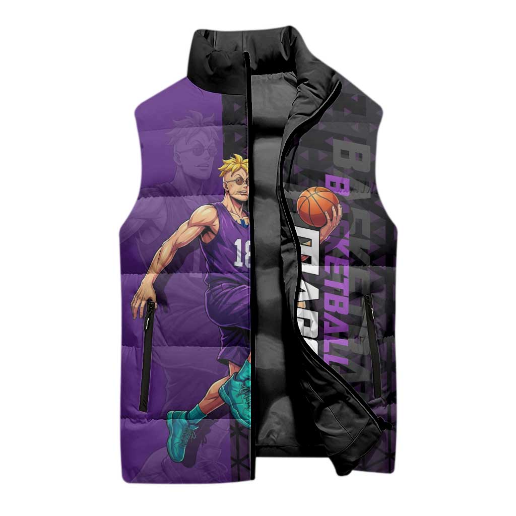 Marco One Piece Basketball Theme Purple and Black Design Sleeveless Puffer Jacket with Phoenix Emblem and Action Pose - The Mazicc