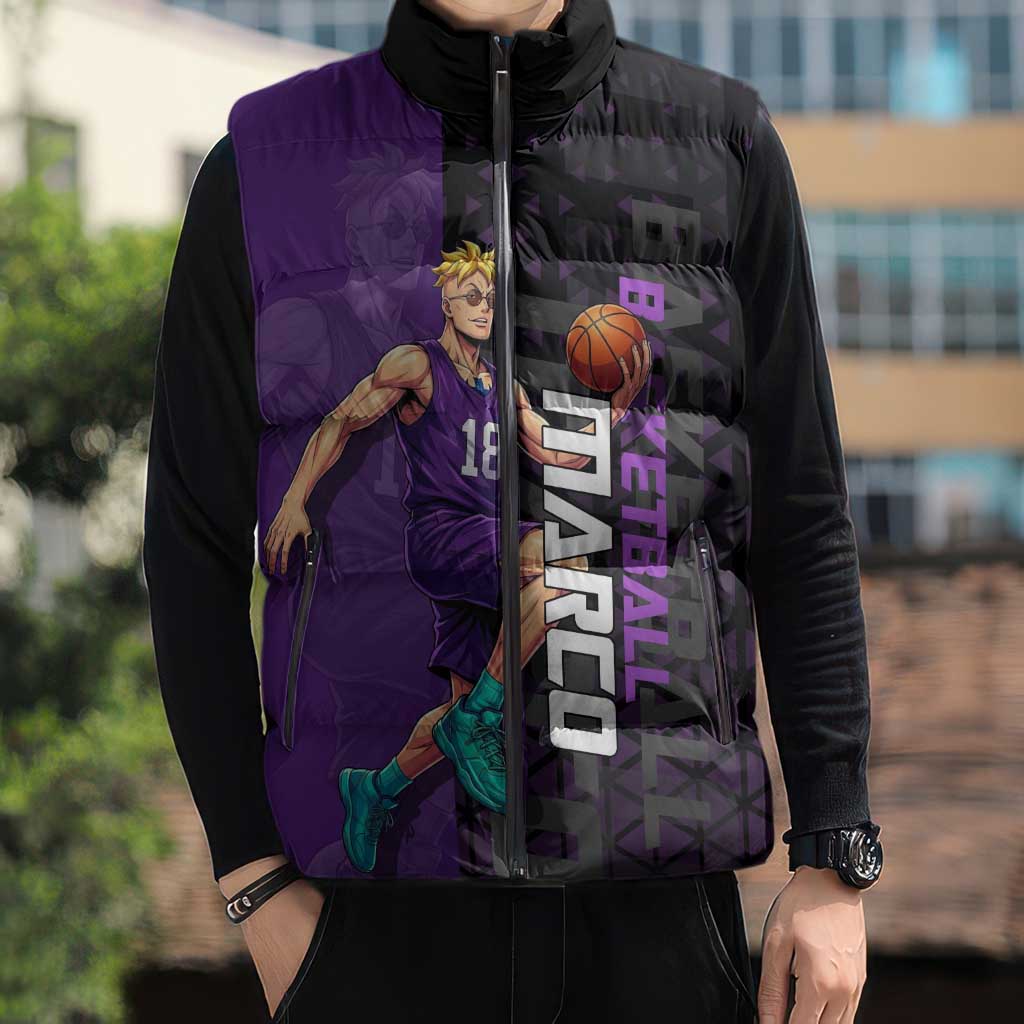 Marco One Piece Basketball Theme Purple and Black Design Sleeveless Puffer Jacket with Phoenix Emblem and Action Pose - The Mazicc