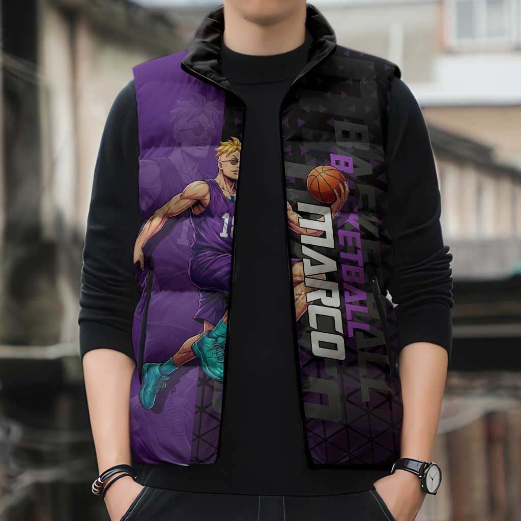 Marco One Piece Basketball Theme Purple and Black Design Sleeveless Puffer Jacket with Phoenix Emblem and Action Pose - The Mazicc