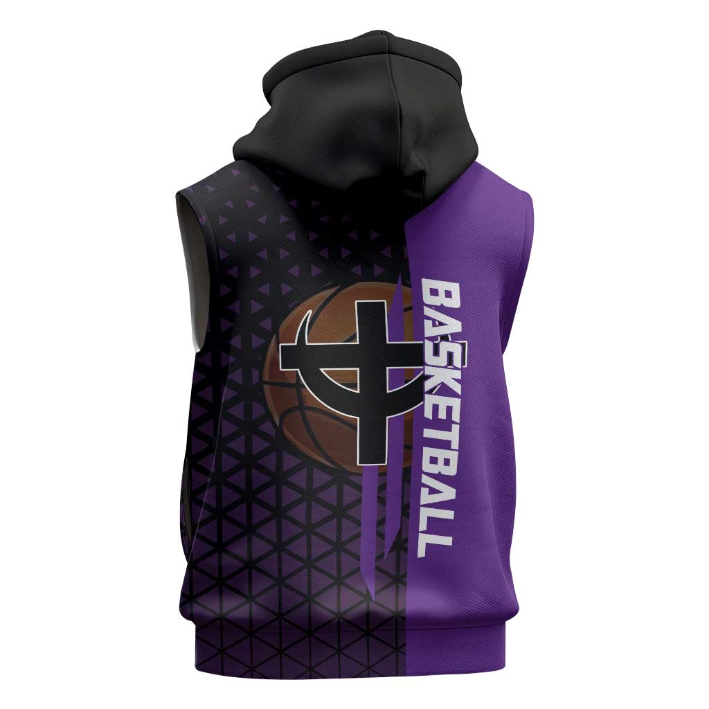 Marco One Piece Basketball Theme Purple and Black Design Sleeveless Zip Hoodie with Phoenix Emblem and Action Pose - The Mazicc