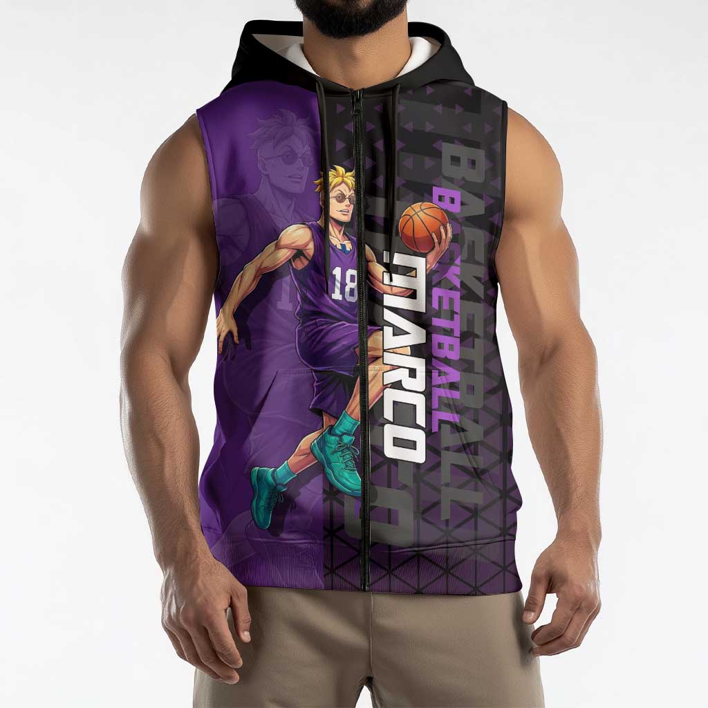 Marco One Piece Basketball Theme Purple and Black Design Sleeveless Zip Hoodie with Phoenix Emblem and Action Pose - The Mazicc