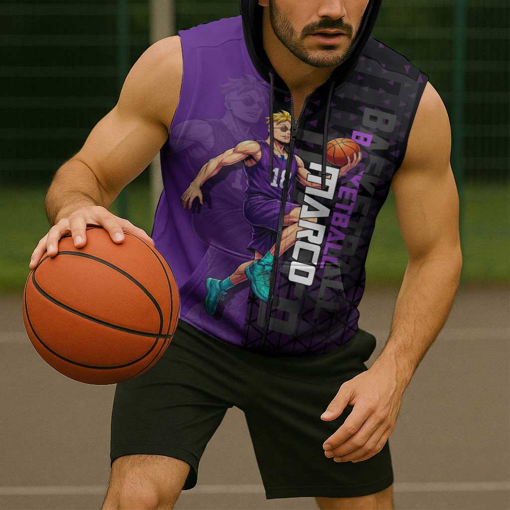Marco One Piece Basketball Theme Purple and Black Design Sleeveless Zip Hoodie with Phoenix Emblem and Action Pose - The Mazicc