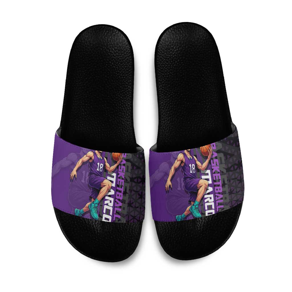 Marco One Piece Basketball Theme Purple and Black Design Slide Sandals with Phoenix Emblem and Action Pose - The Mazicc