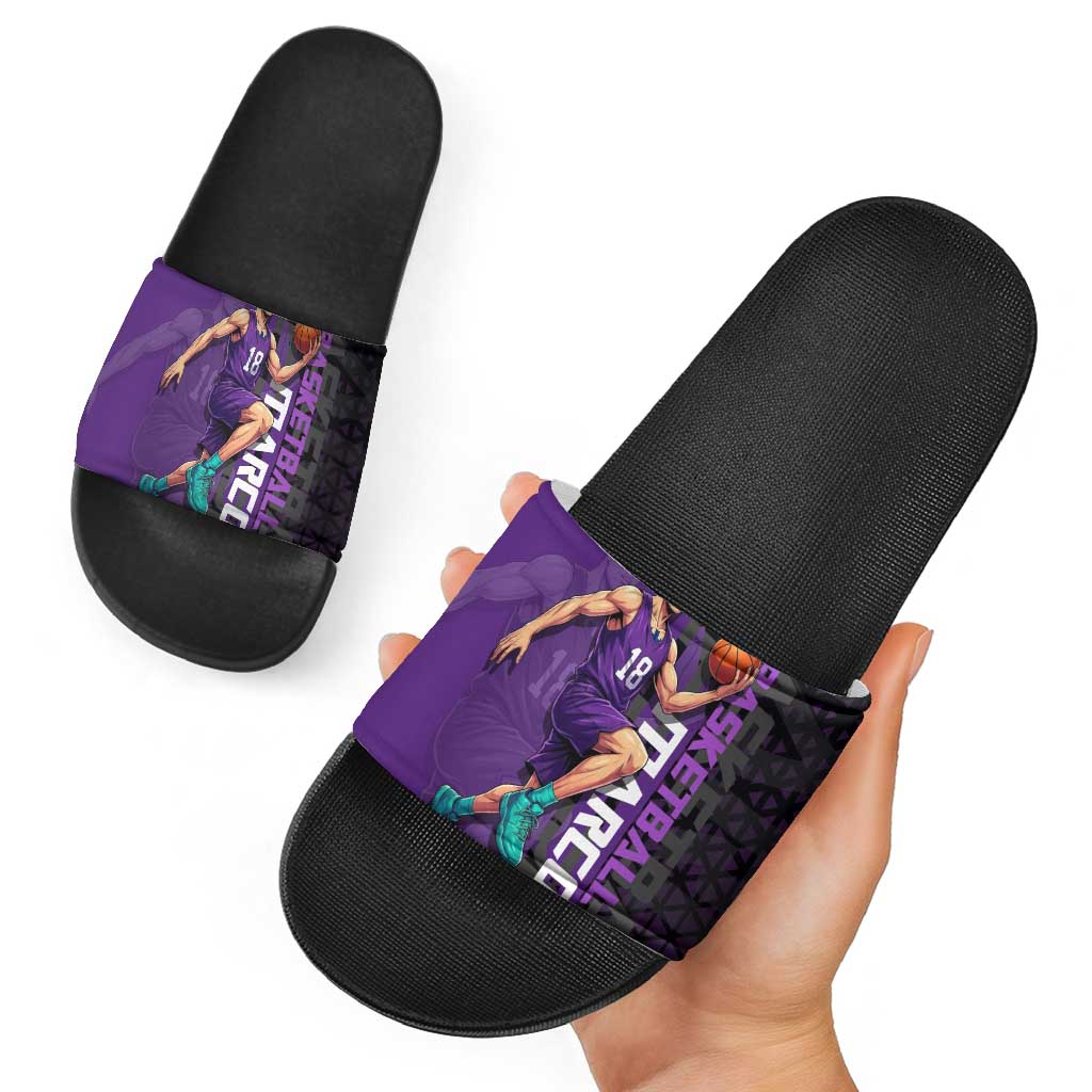 Marco One Piece Basketball Theme Purple and Black Design Slide Sandals with Phoenix Emblem and Action Pose - The Mazicc