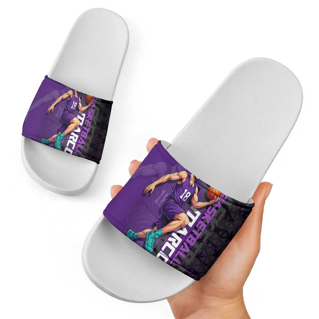 Marco One Piece Basketball Theme Purple and Black Design Slide Sandals with Phoenix Emblem and Action Pose - The Mazicc