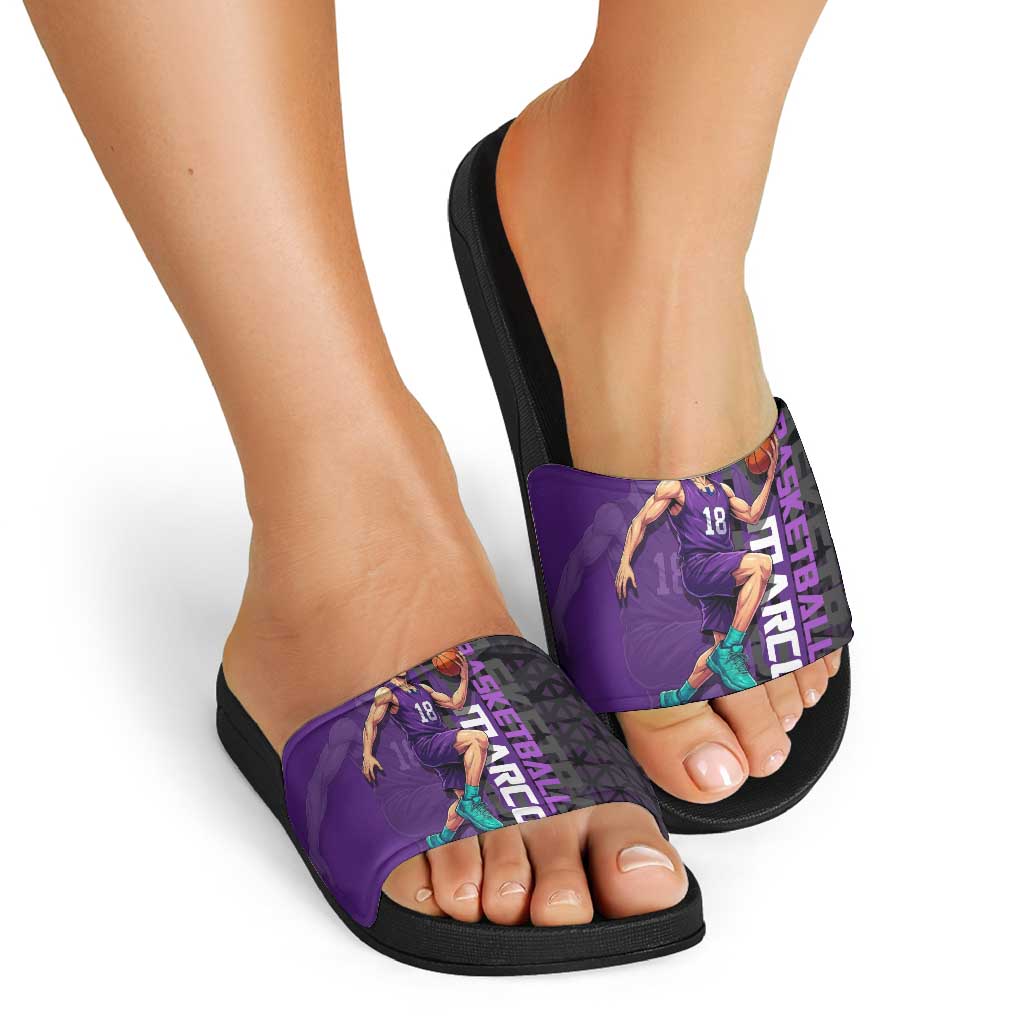 Marco One Piece Basketball Theme Purple and Black Design Slide Sandals with Phoenix Emblem and Action Pose - The Mazicc