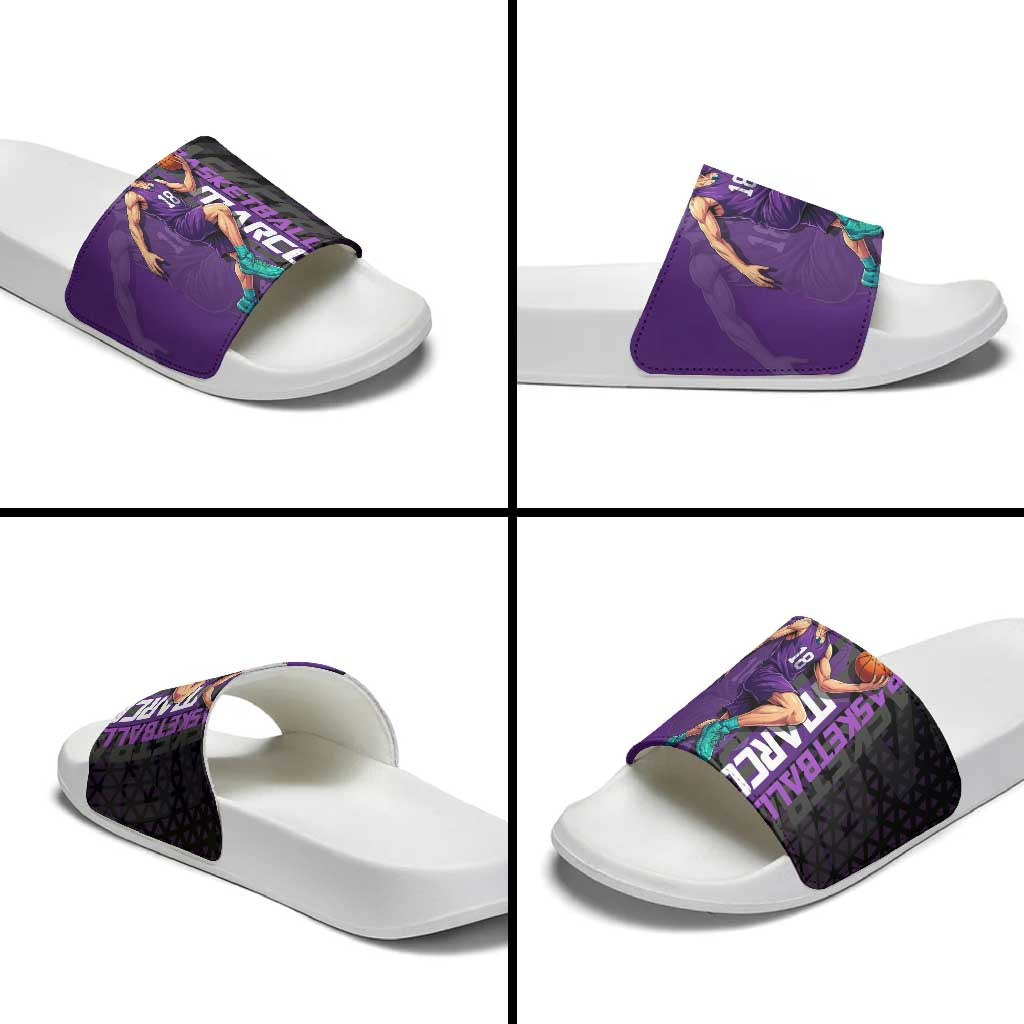 Marco One Piece Basketball Theme Purple and Black Design Slide Sandals with Phoenix Emblem and Action Pose - The Mazicc