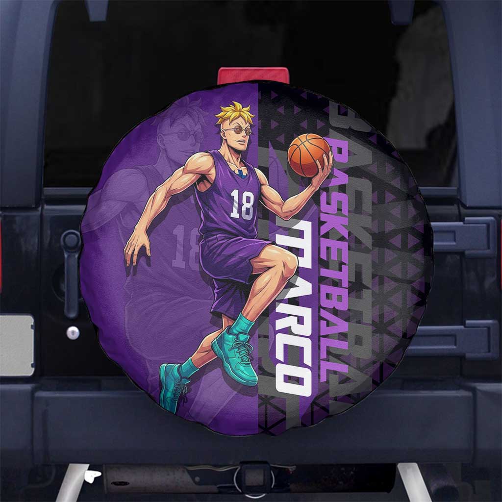 Marco One Piece Basketball Theme Purple and Black Design Spare Tire Cover with Phoenix Emblem and Action Pose - The Mazicc