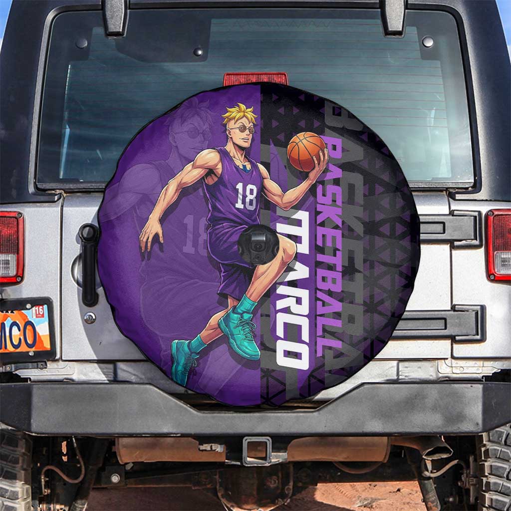 Marco One Piece Basketball Theme Purple and Black Design Spare Tire Cover with Phoenix Emblem and Action Pose - The Mazicc