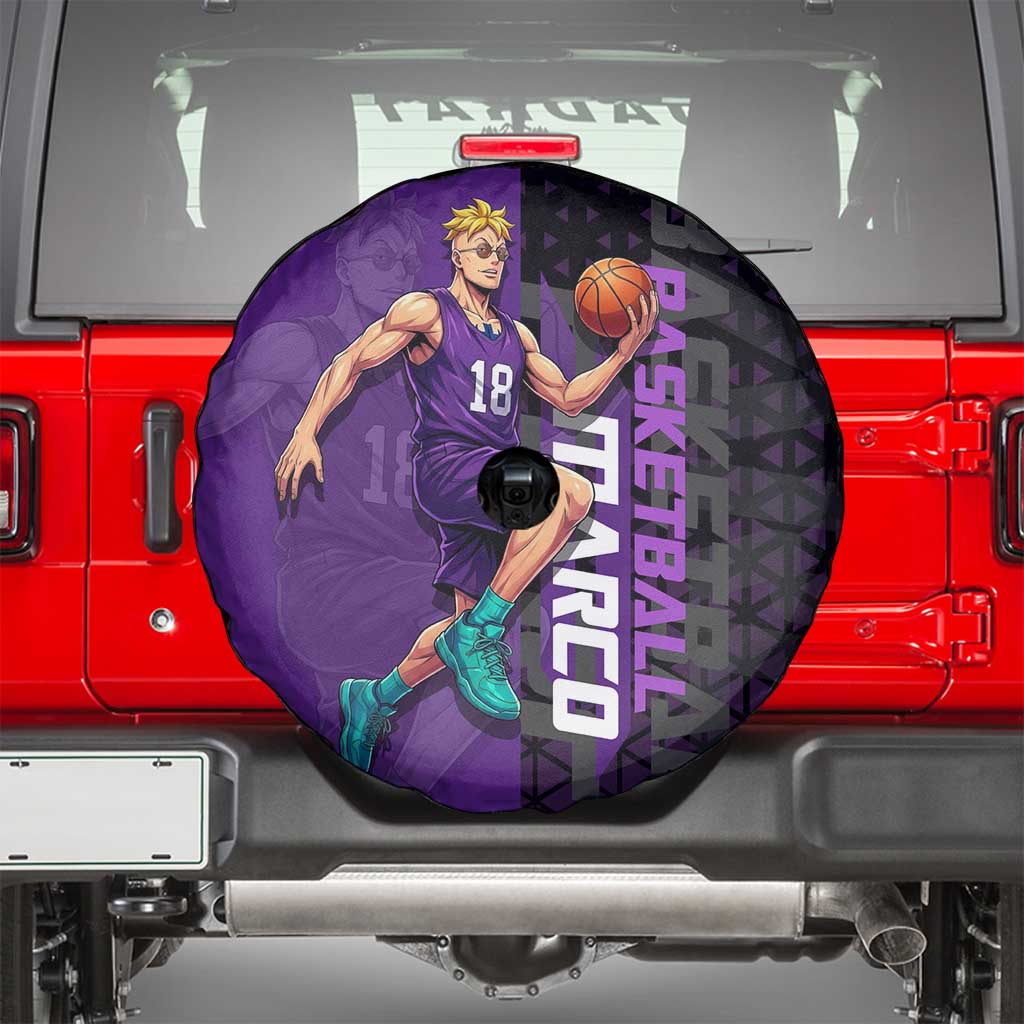 Marco One Piece Basketball Theme Purple and Black Design Spare Tire Cover with Phoenix Emblem and Action Pose - The Mazicc