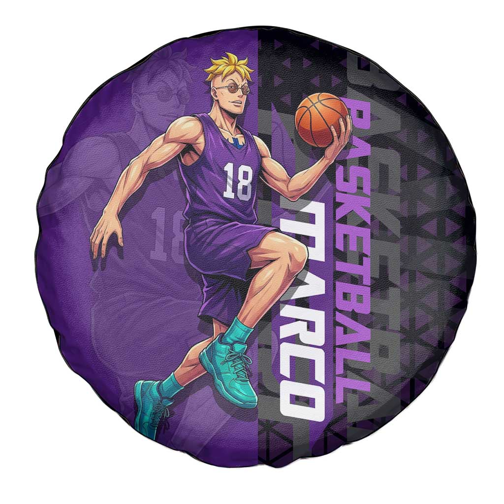 Marco One Piece Basketball Theme Purple and Black Design Spare Tire Cover with Phoenix Emblem and Action Pose - The Mazicc