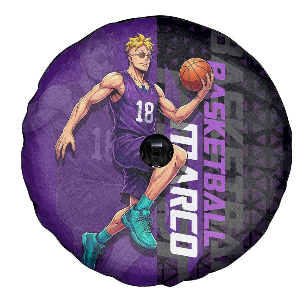 Marco One Piece Basketball Theme Purple and Black Design Spare Tire Cover with Phoenix Emblem and Action Pose - The Mazicc