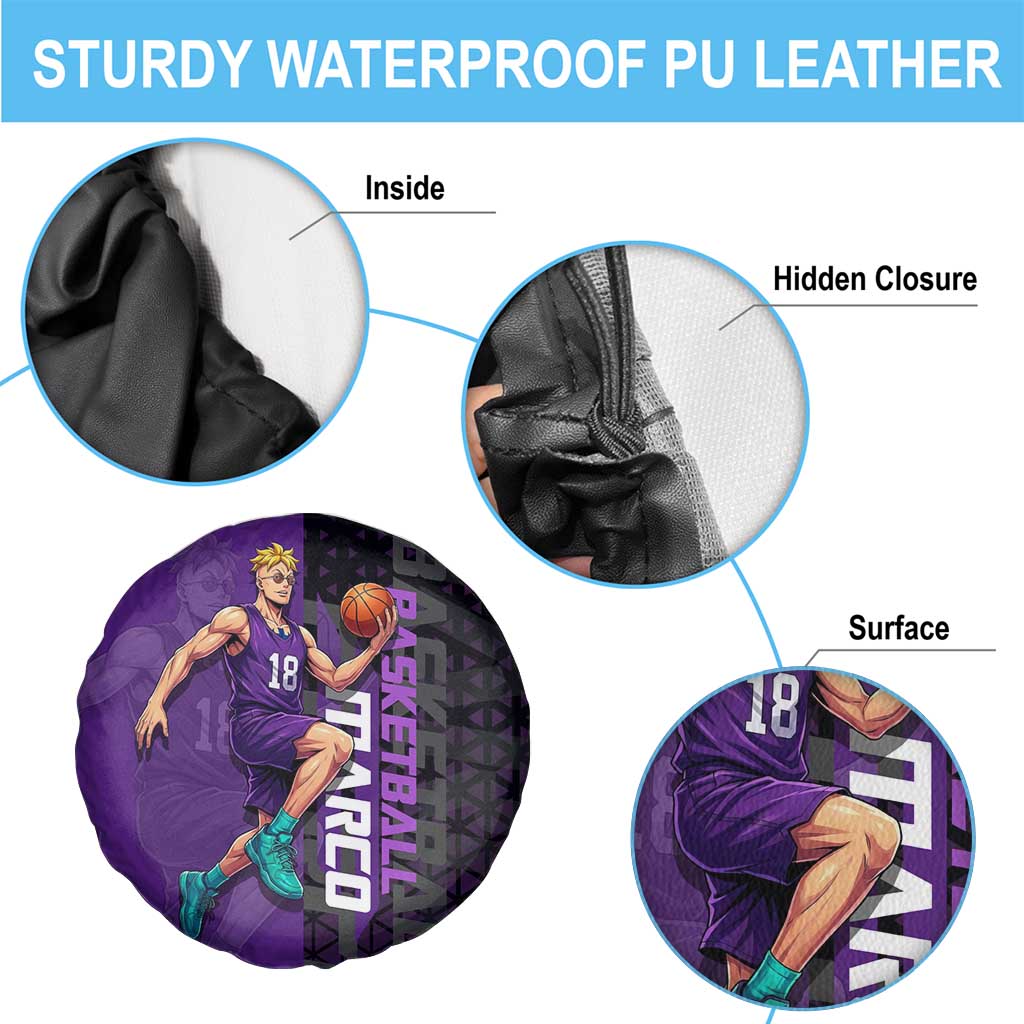 Marco One Piece Basketball Theme Purple and Black Design Spare Tire Cover with Phoenix Emblem and Action Pose - The Mazicc