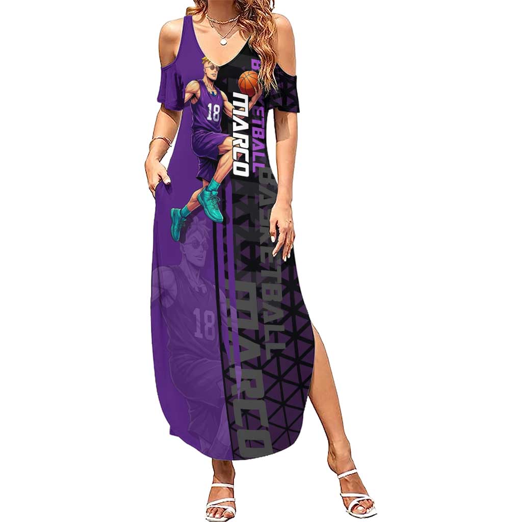 Marco One Piece Basketball Theme Purple and Black Design Summer Maxi Dress with Phoenix Emblem and Action Pose - The Mazicc