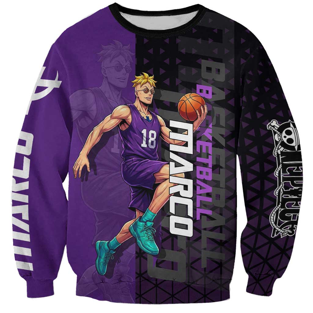 Marco One Piece Basketball Theme Purple and Black Design Sweatshirt with Phoenix Emblem and Action Pose - The Mazicc