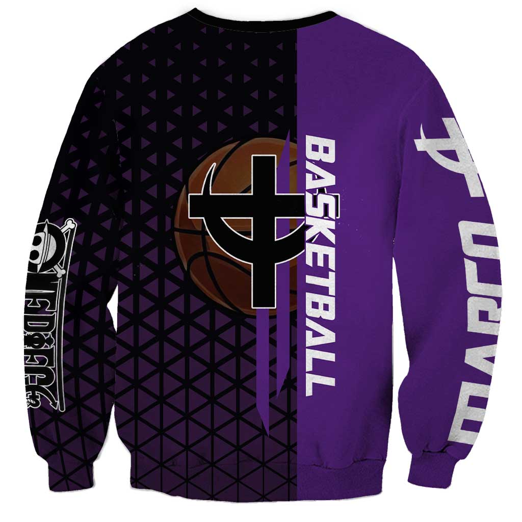 Marco One Piece Basketball Theme Purple and Black Design Sweatshirt with Phoenix Emblem and Action Pose - The Mazicc