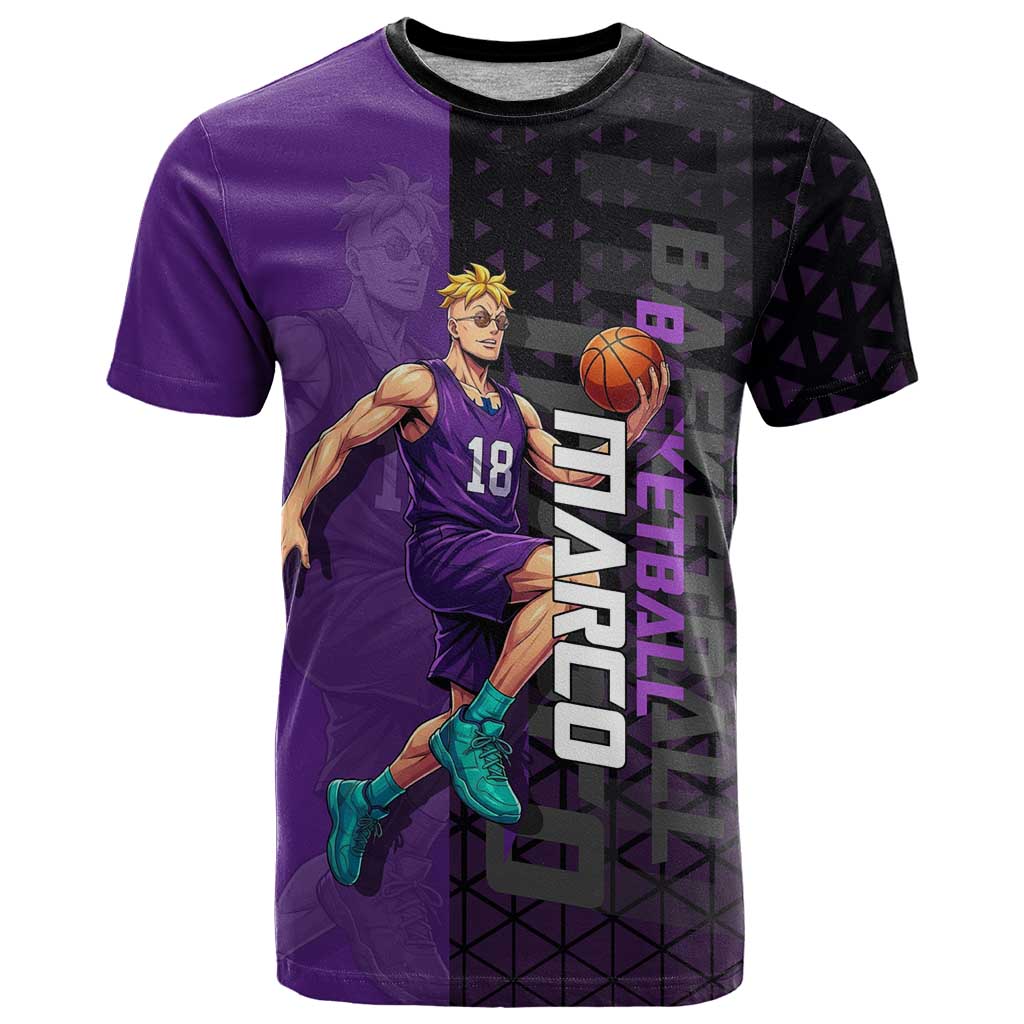 Marco One Piece Basketball Theme Purple and Black Design T Shirt with Phoenix Emblem and Action Pose - The Mazicc
