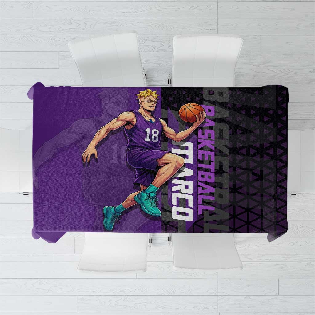 Marco One Piece Basketball Theme Purple and Black Design Tablecloth with Phoenix Emblem and Action Pose - The Mazicc