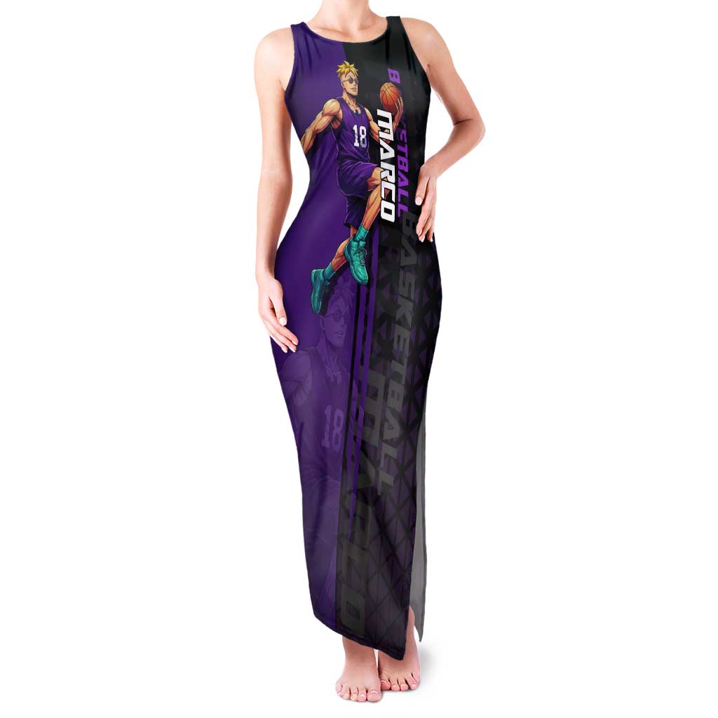 Marco One Piece Basketball Theme Purple and Black Design Tank Maxi Dress with Phoenix Emblem and Action Pose - The Mazicc