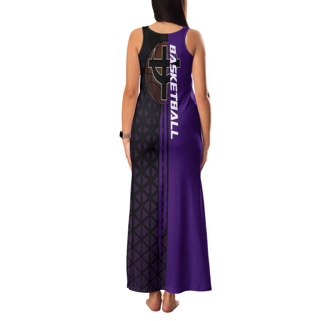 Marco One Piece Basketball Theme Purple and Black Design Tank Maxi Dress with Phoenix Emblem and Action Pose - The Mazicc