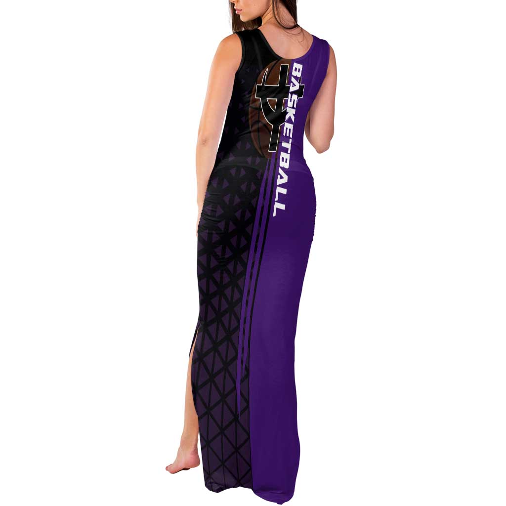 Marco One Piece Basketball Theme Purple and Black Design Tank Maxi Dress with Phoenix Emblem and Action Pose - The Mazicc