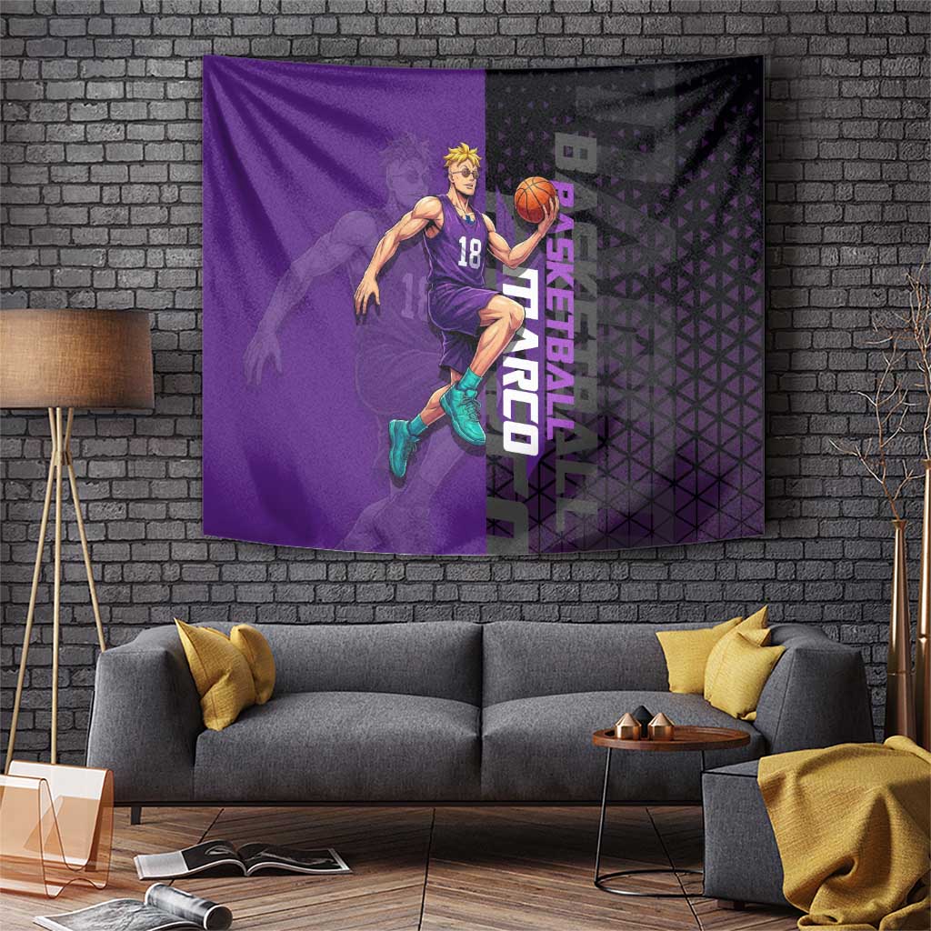 Marco One Piece Basketball Theme Purple and Black Design Tapestry with Phoenix Emblem and Action Pose - The Mazicc