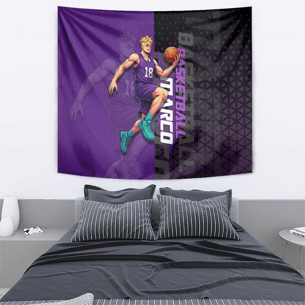 Marco One Piece Basketball Theme Purple and Black Design Tapestry with Phoenix Emblem and Action Pose - The Mazicc