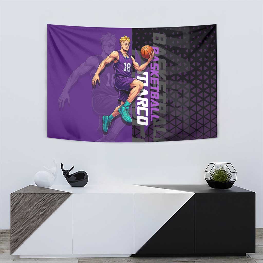 Marco One Piece Basketball Theme Purple and Black Design Tapestry with Phoenix Emblem and Action Pose - The Mazicc