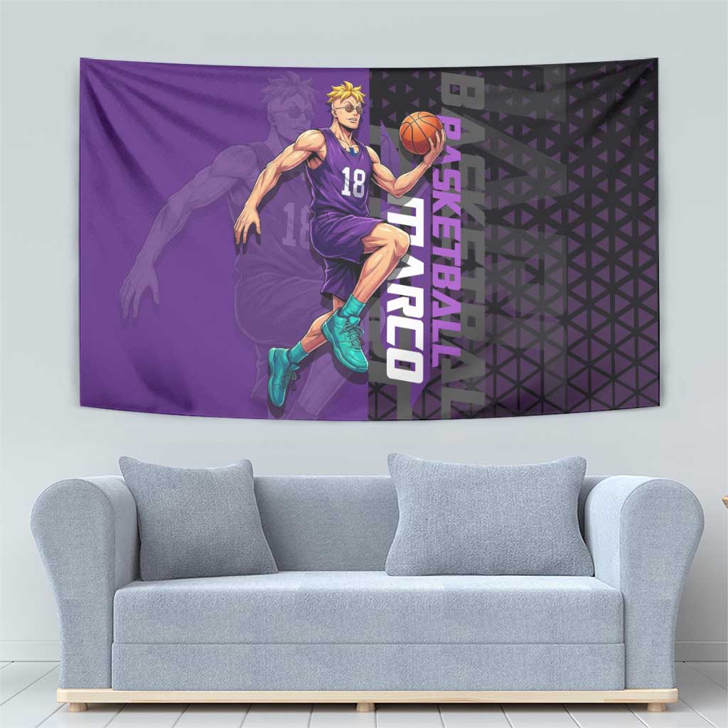 Marco One Piece Basketball Theme Purple and Black Design Tapestry with Phoenix Emblem and Action Pose - The Mazicc