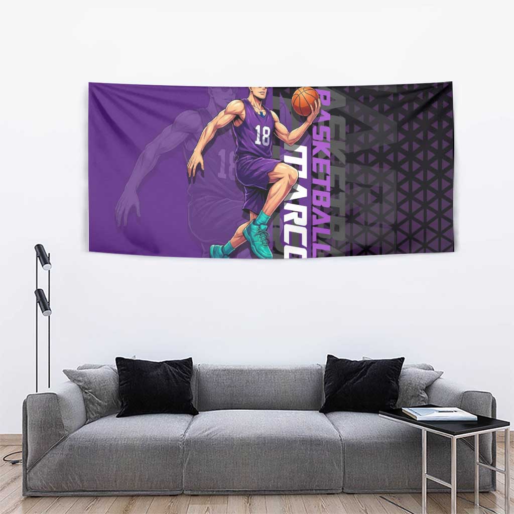 Marco One Piece Basketball Theme Purple and Black Design Tapestry with Phoenix Emblem and Action Pose - The Mazicc