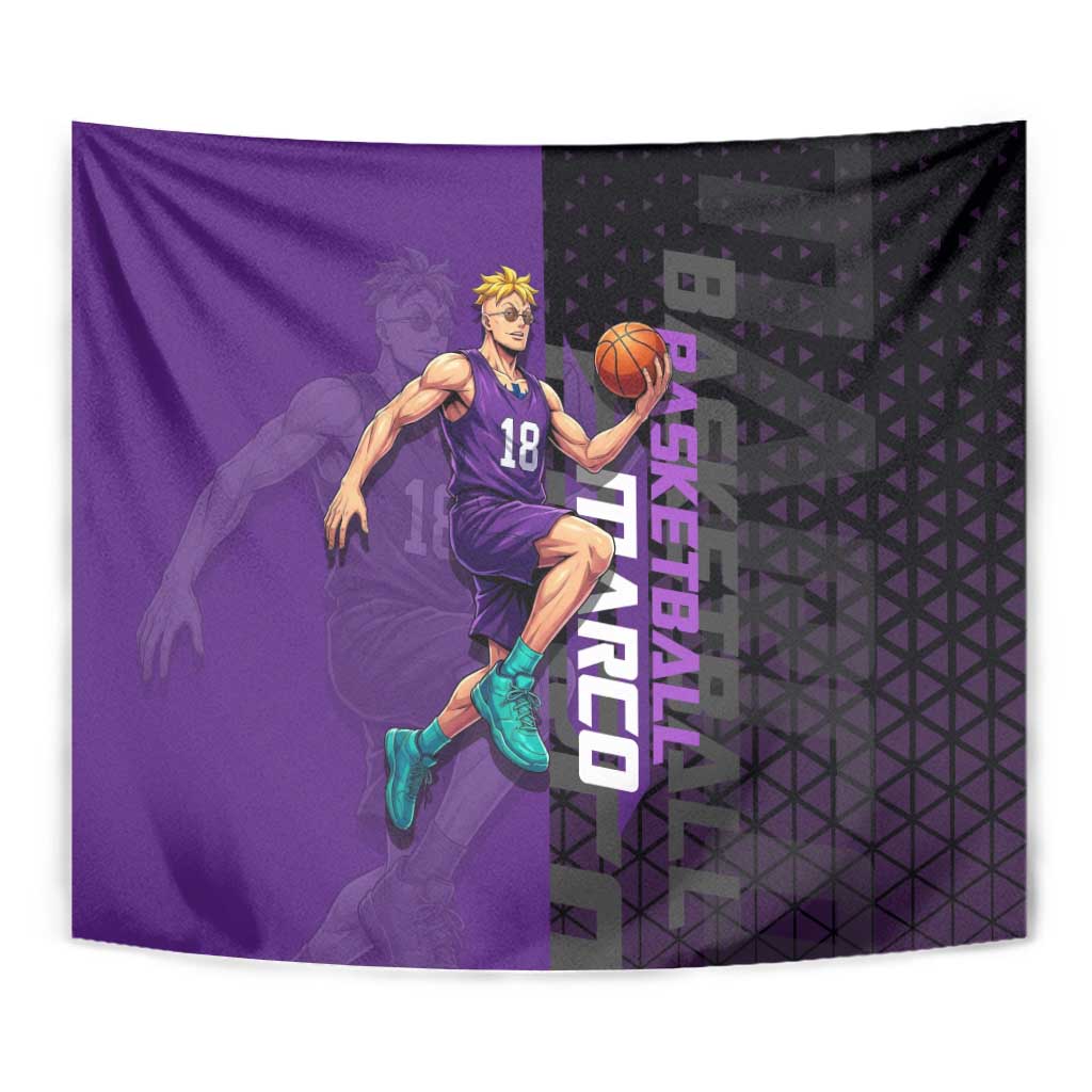Marco One Piece Basketball Theme Purple and Black Design Tapestry with Phoenix Emblem and Action Pose - The Mazicc