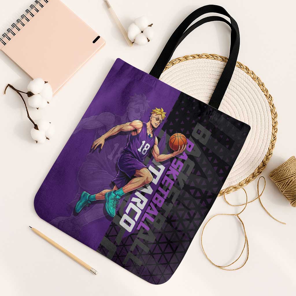 Marco One Piece Basketball Theme Purple and Black Design Tote Bag with Phoenix Emblem and Action Pose - The Mazicc