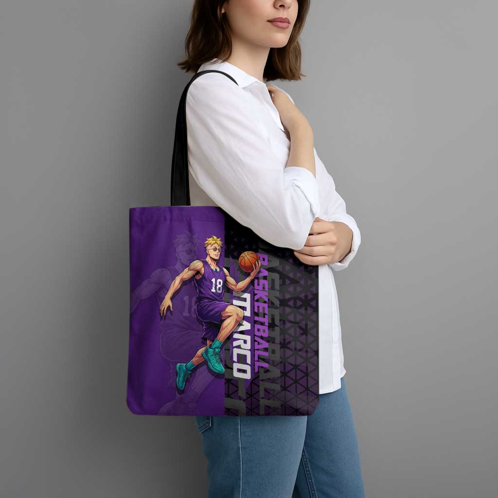 Marco One Piece Basketball Theme Purple and Black Design Tote Bag with Phoenix Emblem and Action Pose - The Mazicc
