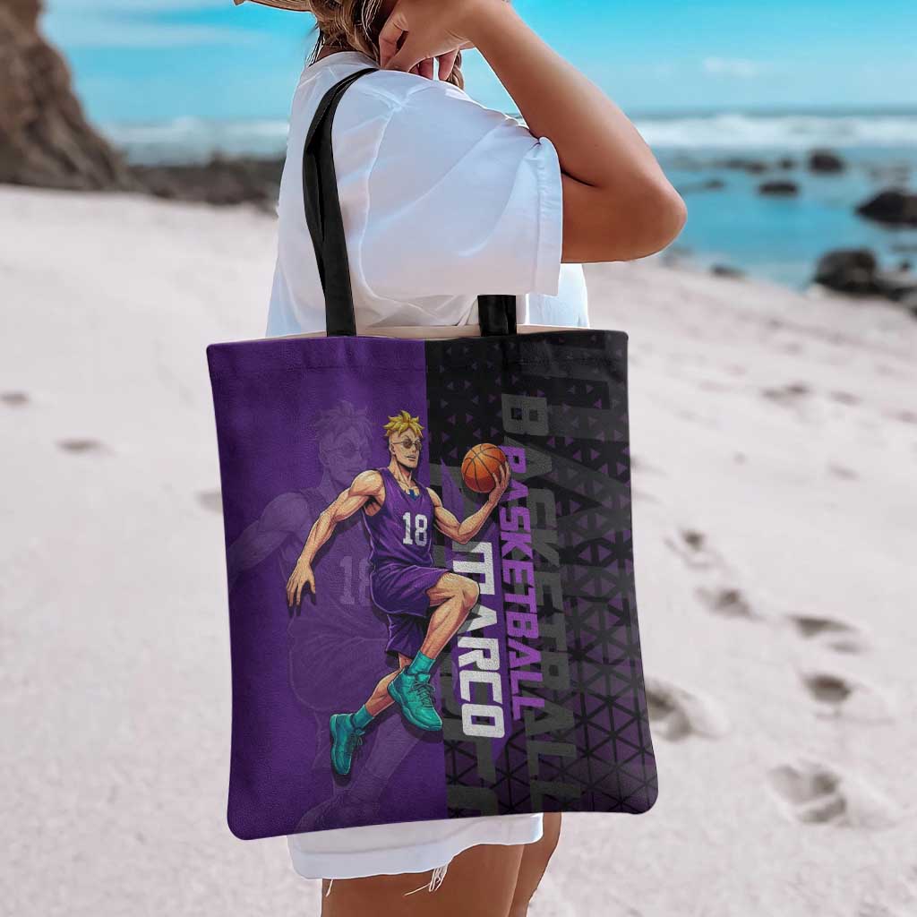 Marco One Piece Basketball Theme Purple and Black Design Tote Bag with Phoenix Emblem and Action Pose - The Mazicc