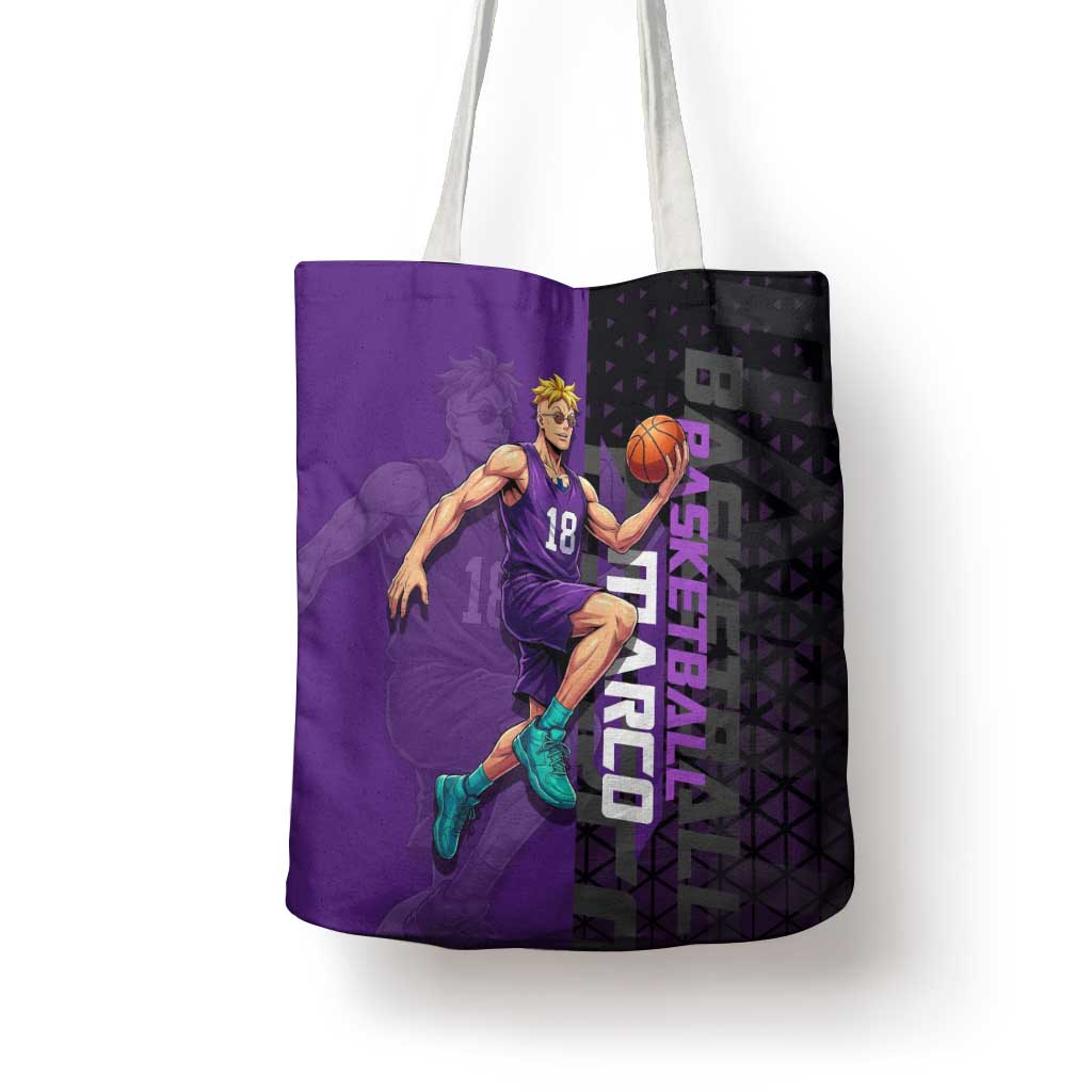 Marco One Piece Basketball Theme Purple and Black Design Tote Bag with Phoenix Emblem and Action Pose - The Mazicc