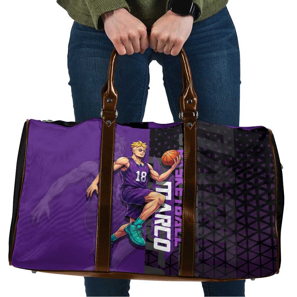 Marco One Piece Basketball Theme Purple and Black Design Travel Bag with Phoenix Emblem and Action Pose - The Mazicc