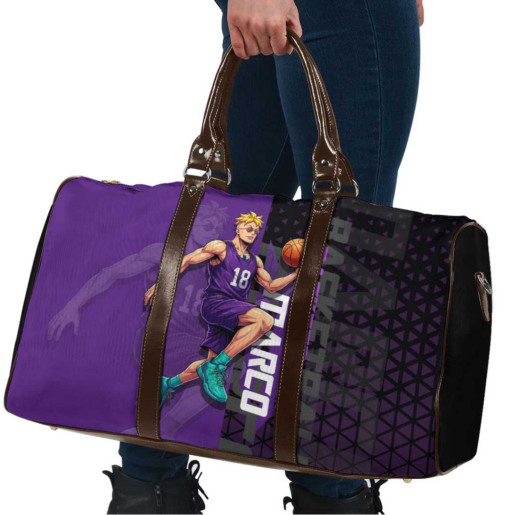 Marco One Piece Basketball Theme Purple and Black Design Travel Bag with Phoenix Emblem and Action Pose - The Mazicc