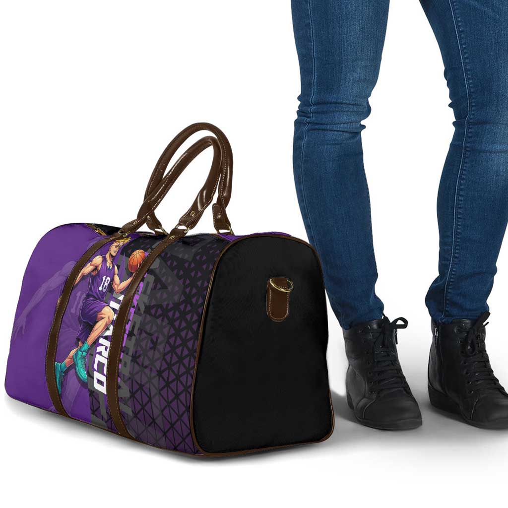 Marco One Piece Basketball Theme Purple and Black Design Travel Bag with Phoenix Emblem and Action Pose - The Mazicc