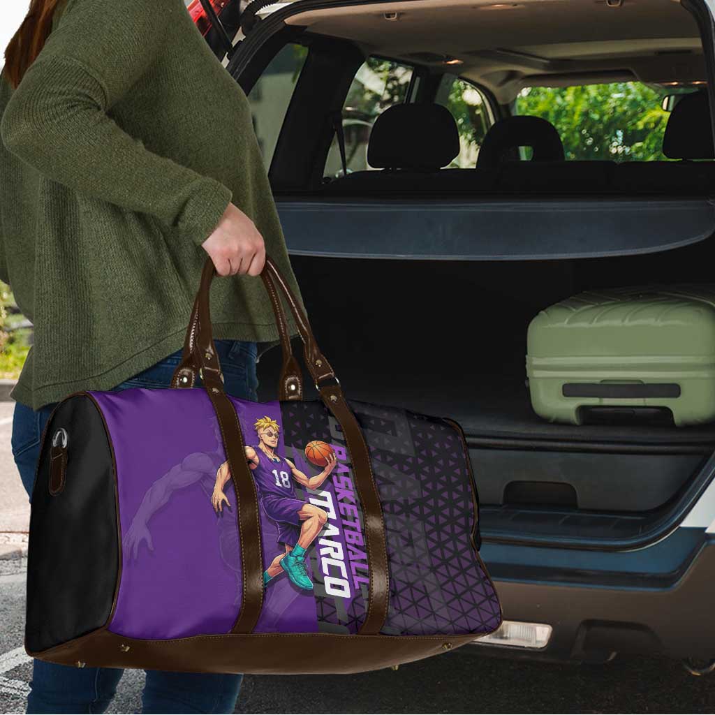 Marco One Piece Basketball Theme Purple and Black Design Travel Bag with Phoenix Emblem and Action Pose - The Mazicc