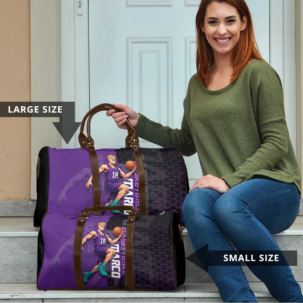 Marco One Piece Basketball Theme Purple and Black Design Travel Bag with Phoenix Emblem and Action Pose - The Mazicc
