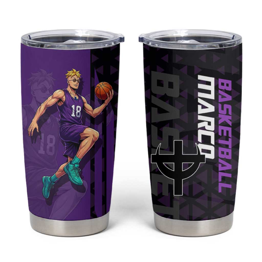 Marco One Piece Basketball Theme Purple and Black Design Tumbler Cup with Phoenix Emblem and Action Pose - The Mazicc