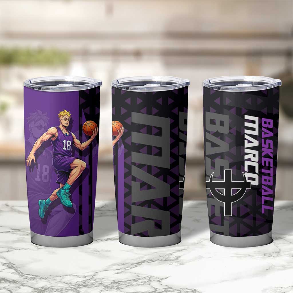 Marco One Piece Basketball Theme Purple and Black Design Tumbler Cup with Phoenix Emblem and Action Pose - The Mazicc