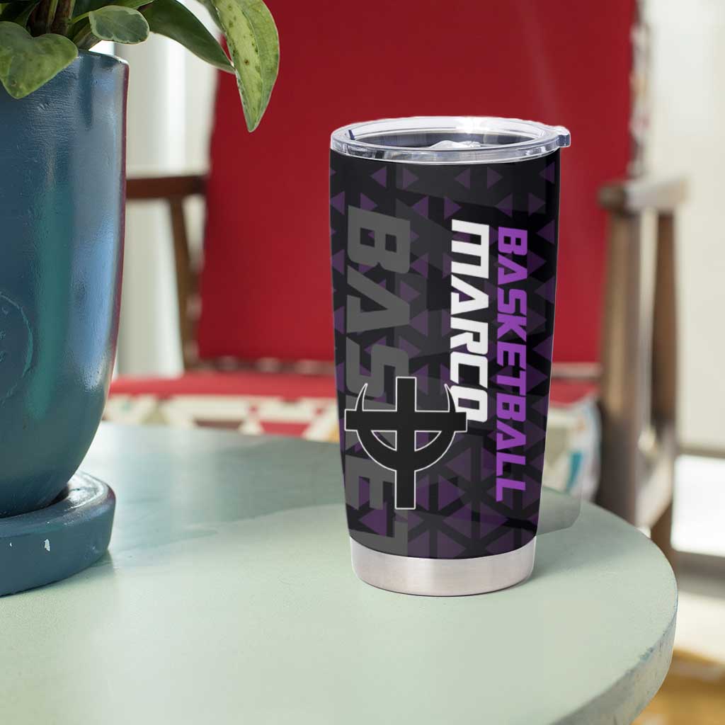 Marco One Piece Basketball Theme Purple and Black Design Tumbler Cup with Phoenix Emblem and Action Pose - The Mazicc