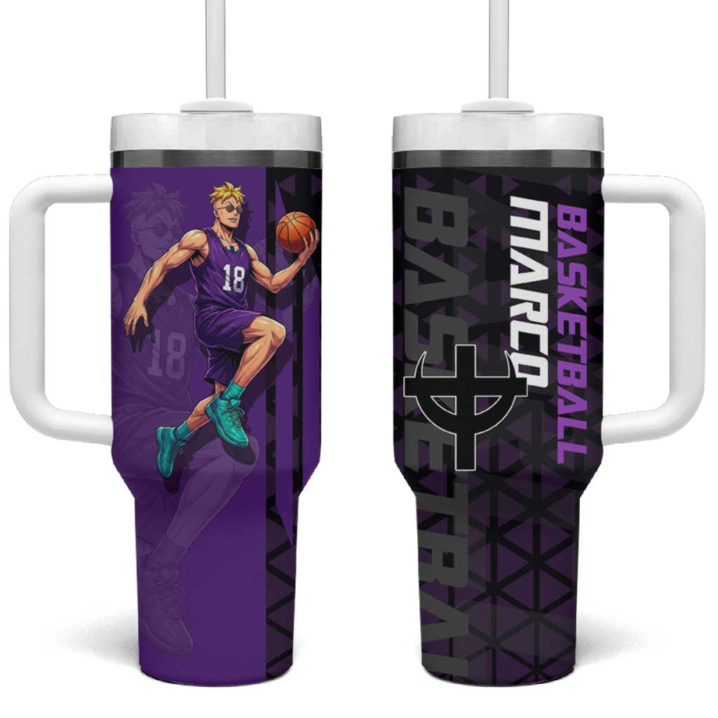 Marco One Piece Basketball Theme Purple and Black Design Tumbler With Handle with Phoenix Emblem and Action Pose - The Mazicc